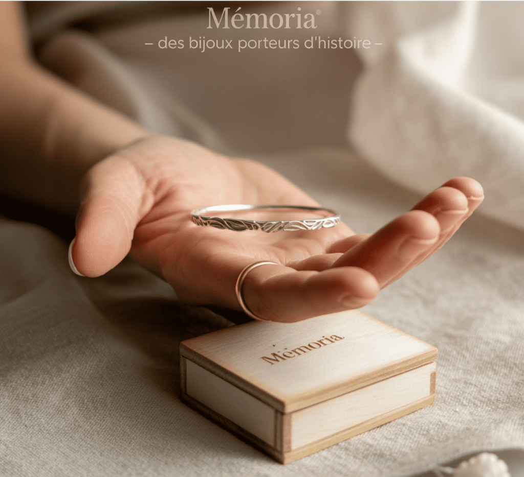 Bracelet personnalisé Mémoria présenté dans son écrin, symbole d’un souvenir unique à porter au poignet