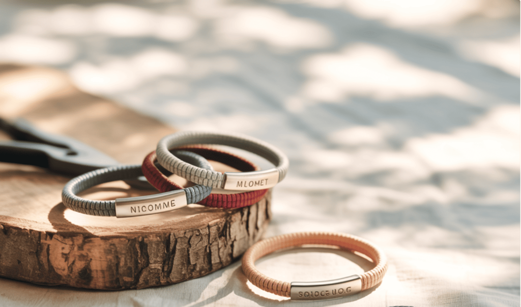 bracelets gravés avec les coordonnées GPS d’un lieu marquant, créés par Mémoria.